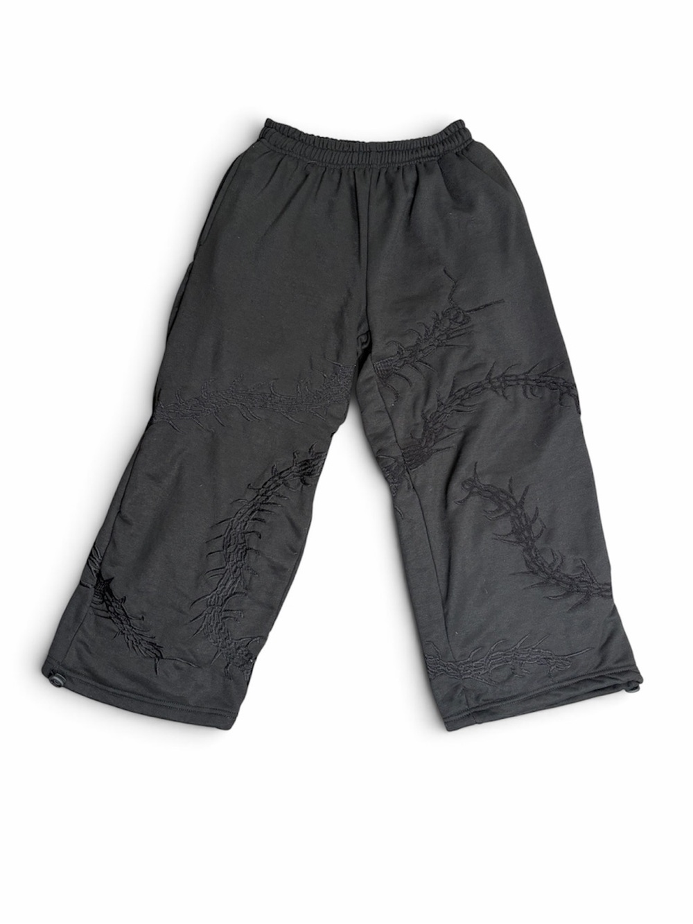 Black Thorn Embroidered Baggy Wide Leg Pants Double Layered Cinch Hem S